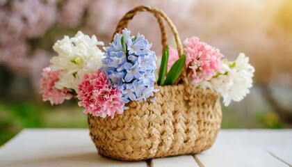 Fototapeta na wymiar Beautiful straw bag with seasonal flowers of hyacinth and carnation blossom