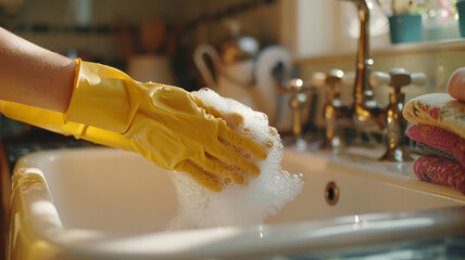 Hands in yellow gloves washing a dish in a sink - obrazy, fototapety, plakaty