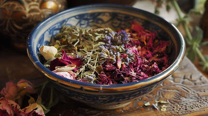 the herbal ingredients of a homemade potpourri by arranging them in a decorative bowl