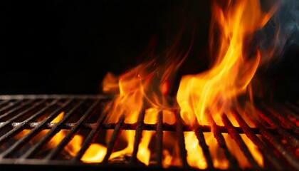 Barbecue Grill With Fire Flames - Empty Fire Grid On Black Background	
