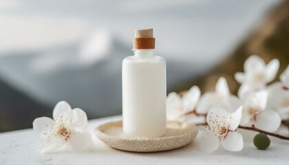 Trendy background with natural cosmetic skincare bottle. Product presentation. Beauty and body care product concept. 