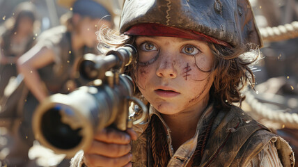 Young boy dressed as a pirate aiming a telescope.