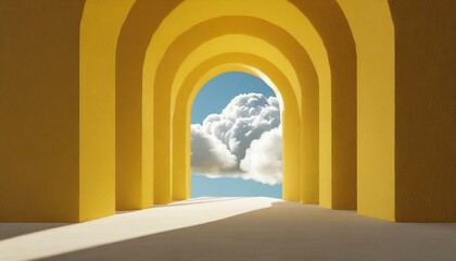 Abstract minimal yellow background with white clouds flying out the tunnel 