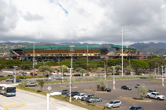 View from the Skyline Rail of the Aloha Stadium, a closed multi-purpose stadium located in Halawa, Hawaii.