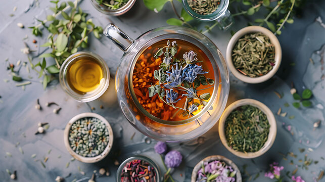 the herbal ingredients of a detox tea by arranging them in a clear teapot