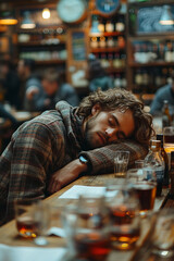 Tired Man Asleep at Bar Counter with Drinks
