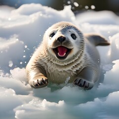 A playful baby seal sliding across the ice, giggling with delight as it mimics the fun of sliding down a snowy hill like children do in winter. Generative AI.