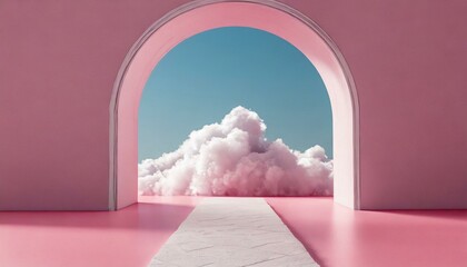 Abstract minimal pink background with white clouds flying out the tunnel