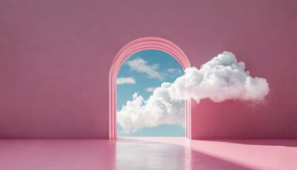 Abstract minimal pink background with white clouds flying out the tunnel 