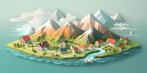 3D isometric illustration of landscape, nature fragment in cartoon and game graphics style with soft pastel tones. city in mountains, a river, ocean, meadow, small houses. Scandinavian village.