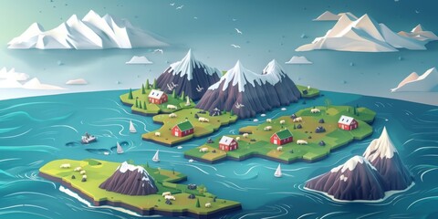 3D isometric illustration of landscape, nature fragment in cartoon and game graphics style with soft pastel tones. city in mountains, a river, ocean, meadow, small houses. Scandinavian village. - obrazy, fototapety, plakaty
