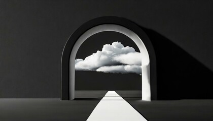 Abstract minimal black background with white clouds flying out the tunnel