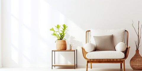 Scandinavian interior design featuring an elegant, bright living room with a comfortable lounge chair, rattan details, flowers, and a decorated shelf.