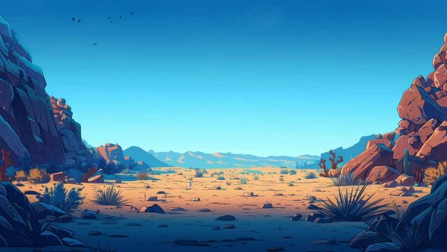 Cartoon landscape animation with dessert background in daytime. seamless looping 4k time-lapse animation video background