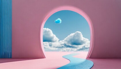Abstract minimal pink background with blue clouds flying out the tunnel	
