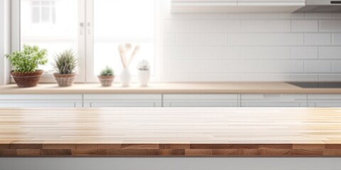 Blurred white kitchen with wooden oak countertop, ready for product or layout display.