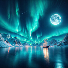 Beautiful illustration of a landscape with a northern lights and a lake.