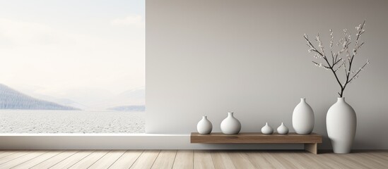Minimalist room interior with vases wooden floor wall decor and landscape view from window Home nordic design - obrazy, fototapety, plakaty