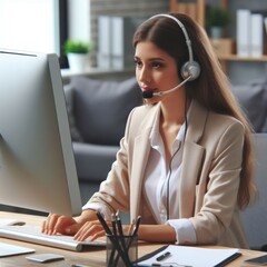 Smiling female call-center agent with headset working on support hotline in the office