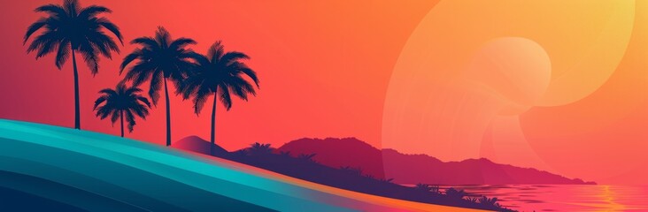 Minimalist flat design simple shapes and lines colorful retro sunset with palm trees Generative AI