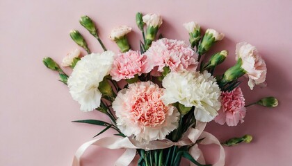 Spring flower bouquet of carnations over pink background. Bridal bouquet, online blog header	
