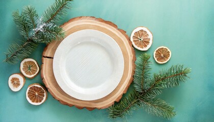 Festive Christmas natural style table setting with white plate on wood cut platters and fir tree branches on green blue background.