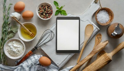 Tablet and kitchenware mock up. Online recipe application, cooking classes template. Top view, copy space 