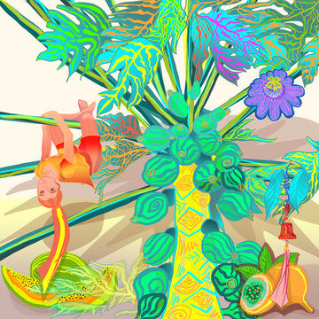 tropical fruits papaya, passion fruit and girl on the branch