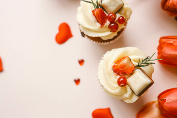 Festive cupcake top view, gift for Valentine's day, birthday or mother's day