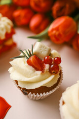 Festive cupcake close-up, gift for Valentine's day, birthday or mother's day