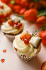 Festive cupcake close-up, gift for Valentine's day, birthday or mother's day