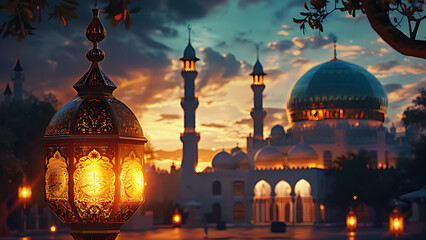 Background of Ramadan, Eid al-Fitr, Eid al-Adha, Muharram, with mosque courtyard and latern lights.