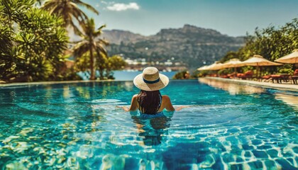 Luxury swimming pool spa resort travel honeymoon destination woman relaxing in infinity pool at hotel nature background summer holiday.  - obrazy, fototapety, plakaty