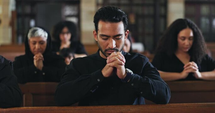 People, funeral and praying at church with sadness, support and religion for grief with comfort, gratitude and respect. Death, spiritual and trust before memorial service as family for farewell