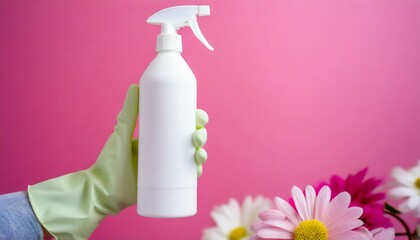 Hand with rubber glove holding white spray bottle on pink background	
