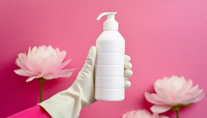 Hand with rubber glove holding white spray bottle on pink background 