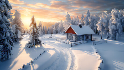 House in the snow, winter, nordic cabin. - obrazy, fototapety, plakaty