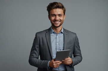portrait of a businessman holding a tablet and smiling isolated