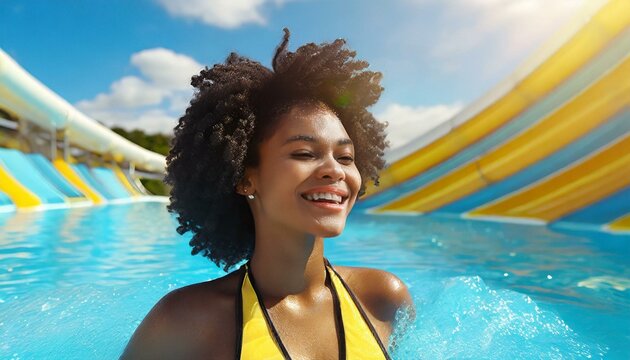 Portrait of happy young black woman in waterpark swimming pool.
