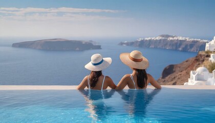 Fototapeta na wymiar Beautiful women on vacation at Santorini relaxing in swimming pool looking out over ocean
