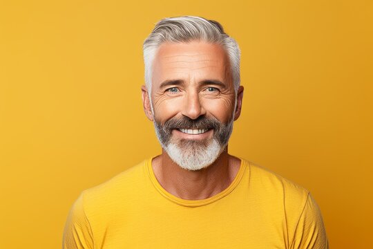 Portrait of smiling mature man in yellow t-shirt on yellow background