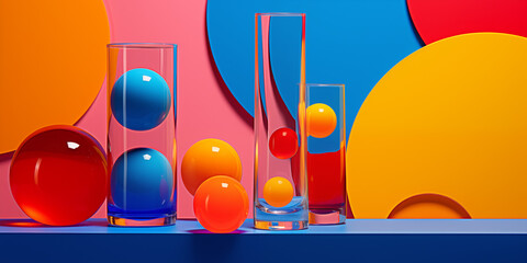 Surreal Glass Spheres and Vases Against a Vibrant Abstract Backdrop