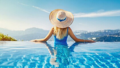 Carefree woman relaxation in swimming pool summer. Holiday concept 