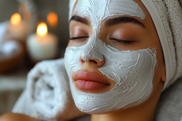 Woman wears white face mask at spa for relaxation and rejuvenation - obrazy, fototapety, plakaty