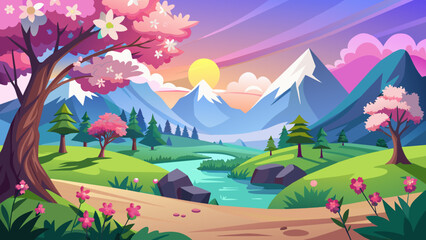 Fototapeta na wymiar sunrise in the mountains, landscape with lake and mountains vector background 