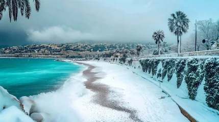 Raamstickers Winters Embrace: A Snowy Beach by the Water. Generative AI © Uolir