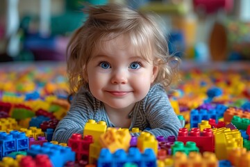 Happy little girl surrounded by colorful lego blocks, smiling - obrazy, fototapety, plakaty