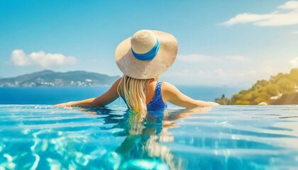 Fototapeta na wymiar Beautiful women on vacation at Santorini relaxing in swimming pool looking out over ocean.