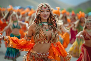 Smiling belly dancers in orange costumes perform choreographed dance in parade