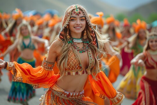 Smiling belly dancers in orange costumes perform choreographed dance in parade